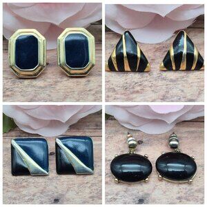 Lot of 4 Pair of Pierced Earrings Gold Tone & Black Square Triangle Oval Classic